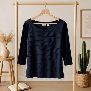 Chicos Travelers Chiffon Pleated Front Top Black 3/4 Sleeve Womens 1 Medium